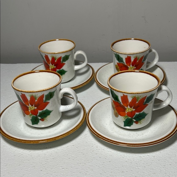 Vintage Mikasa Natural Beauty Happy Holidays Pattern Cup and Saucer 4 Sets
